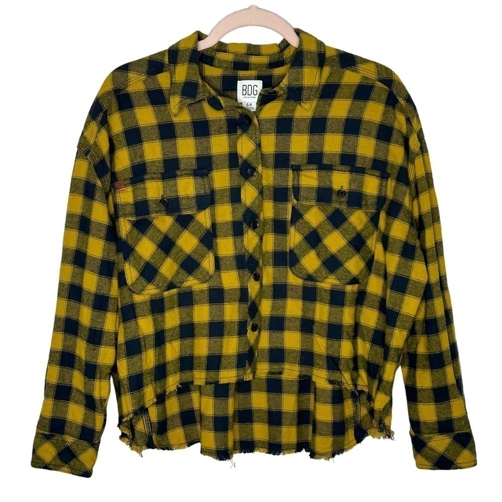 BDG Yellow and Black Plaid High Low Raw Hem Boxy Fit Long Sleeve Button Down Top